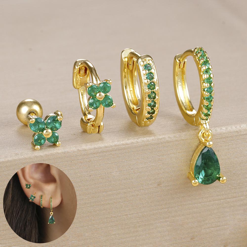 4PCS Zircon Star Moon Flower Small Hoop Earrings Set For Women Stainless Steel Huggies Pendant Piercing Earrings Jewelry Aretes