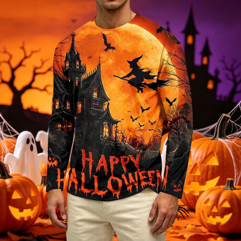 Men's Casual Long Sleeve Crew Neck T-Shirt with Pumpkin and Floral Print Comfortable Fit Lightweight Fabric Suitable for Daily Wear