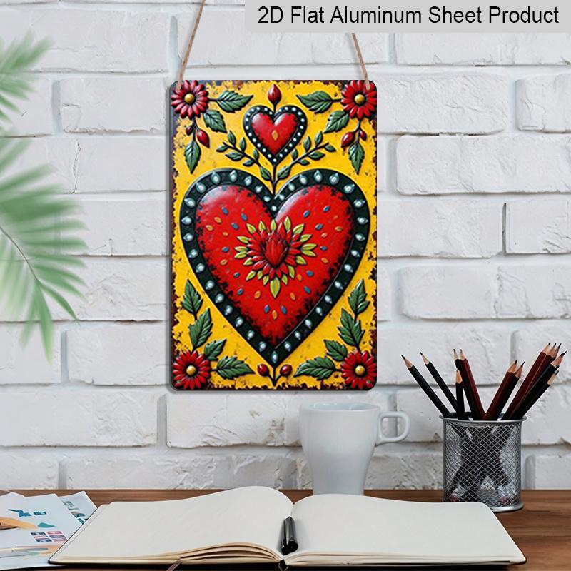 2D Flat, 1pcs Aluminum Decorative Plaque & Sign Sacred Elegance Meets Bold Folk Art Floral & Symmetrical Heart Design Perfect for Art Lovers Ideal