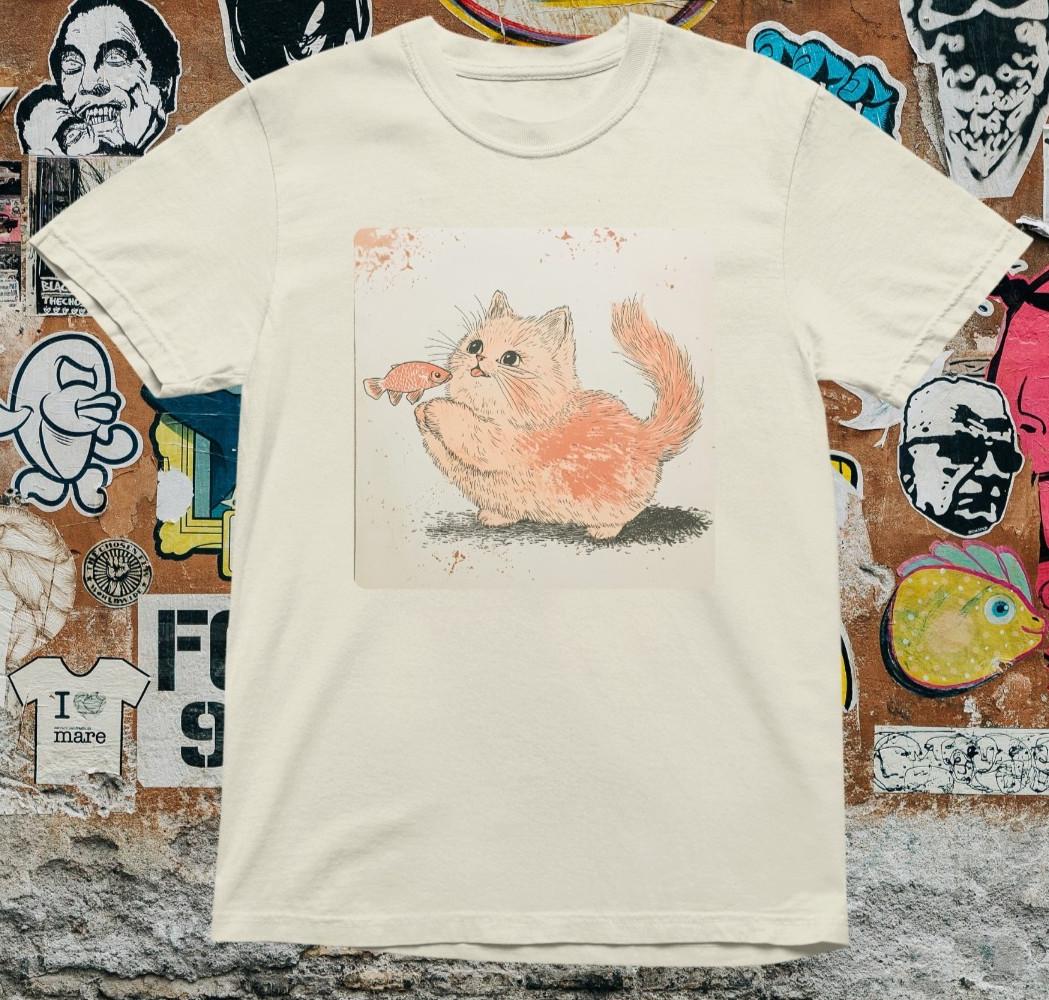 Cute Cat Holding Fish T Shirt Wholesome Pastel Kawaii Aesthetic Vintage Sketch S
