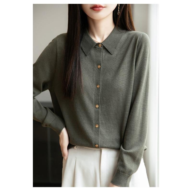 French POLO Collar Knitted Cardigan Feminine Long-sleeved Lapel Shirt Versatile Base Layer Top