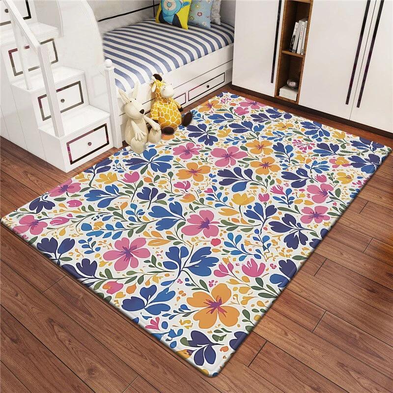 Kids Floral Cartoon Area Rug – Small Non-Slip Play Mat, Soft Floor Carpet for Bedroom Playroom Children's Room Decor