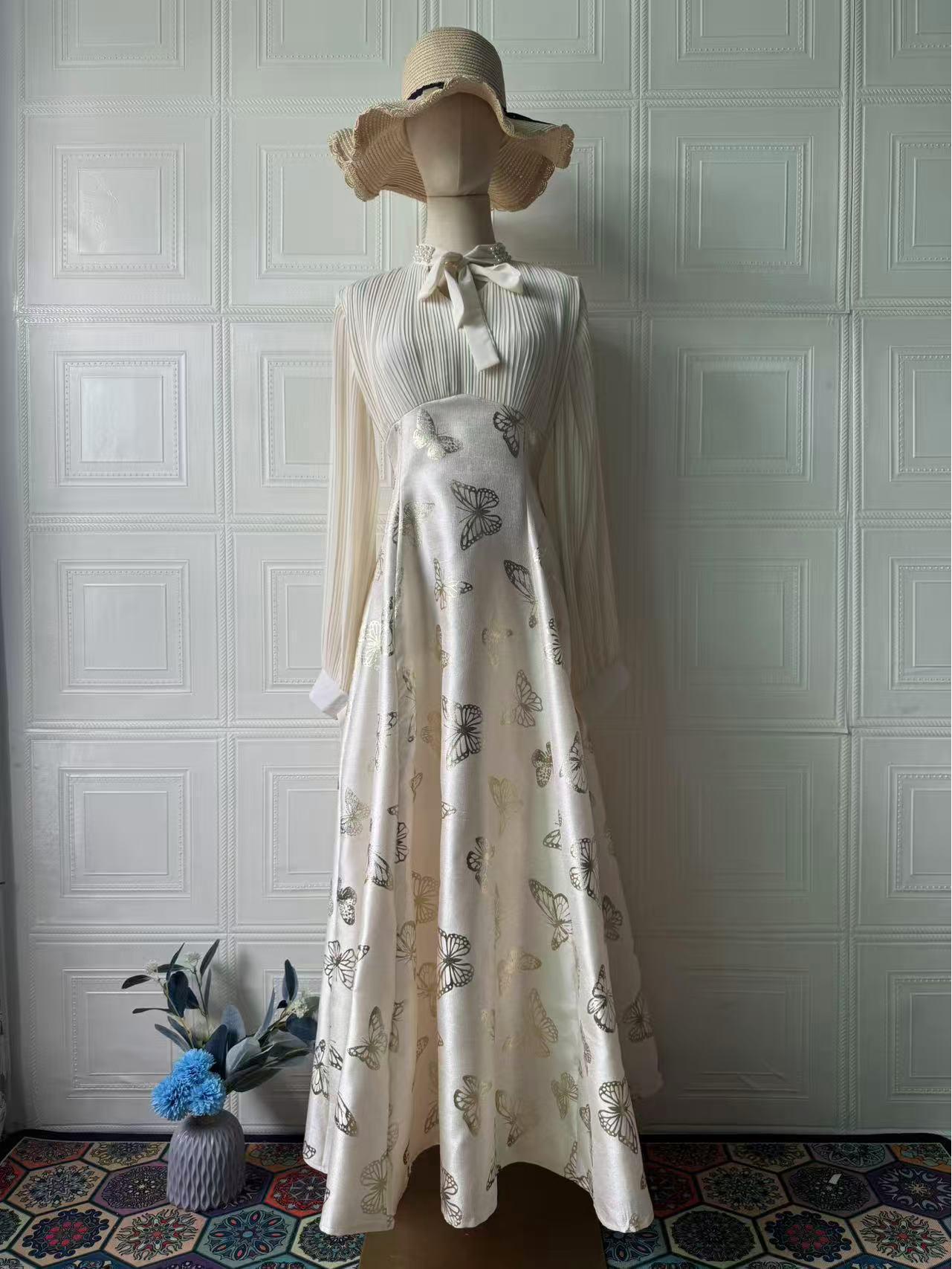 

Весна 2025 Элегантное романтическое платье с длинным рукавом и золотым тиснением для женщин Small грязно-белый