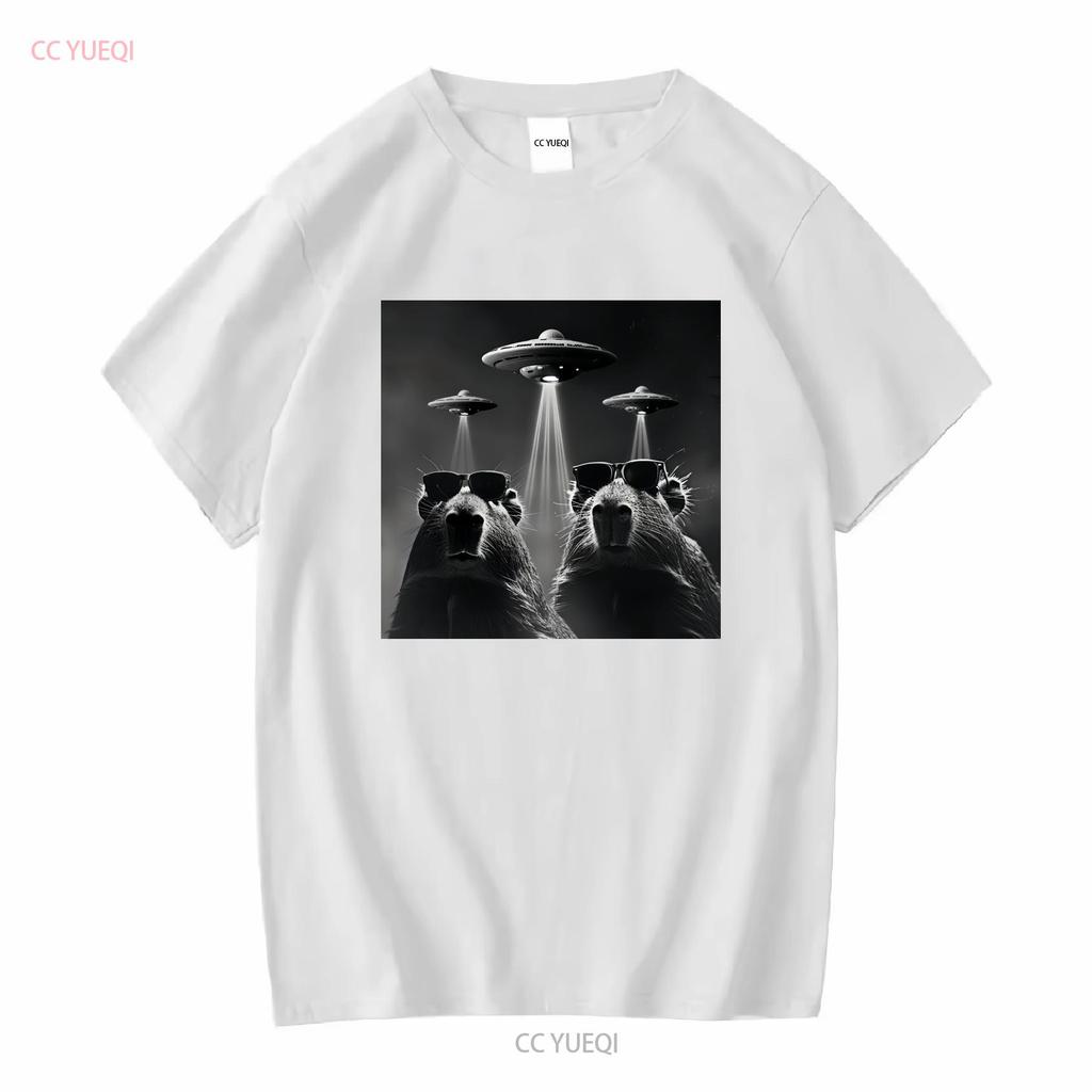Capybara T Shirt Retro Selfie with UFO Funny Alien Plus Size 5xl 4xl 3xl Long or Short Sleeves Vintage Washed Stylish