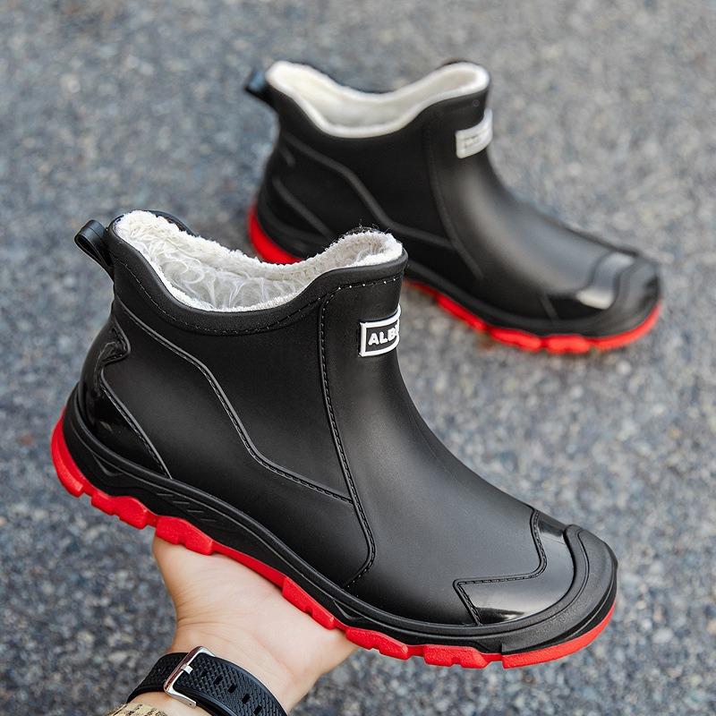 Winter warm and velvet men's rain shoes 39-48 extra large size black water shoes mountain men's rubber shoes fishing men's waterproof boots