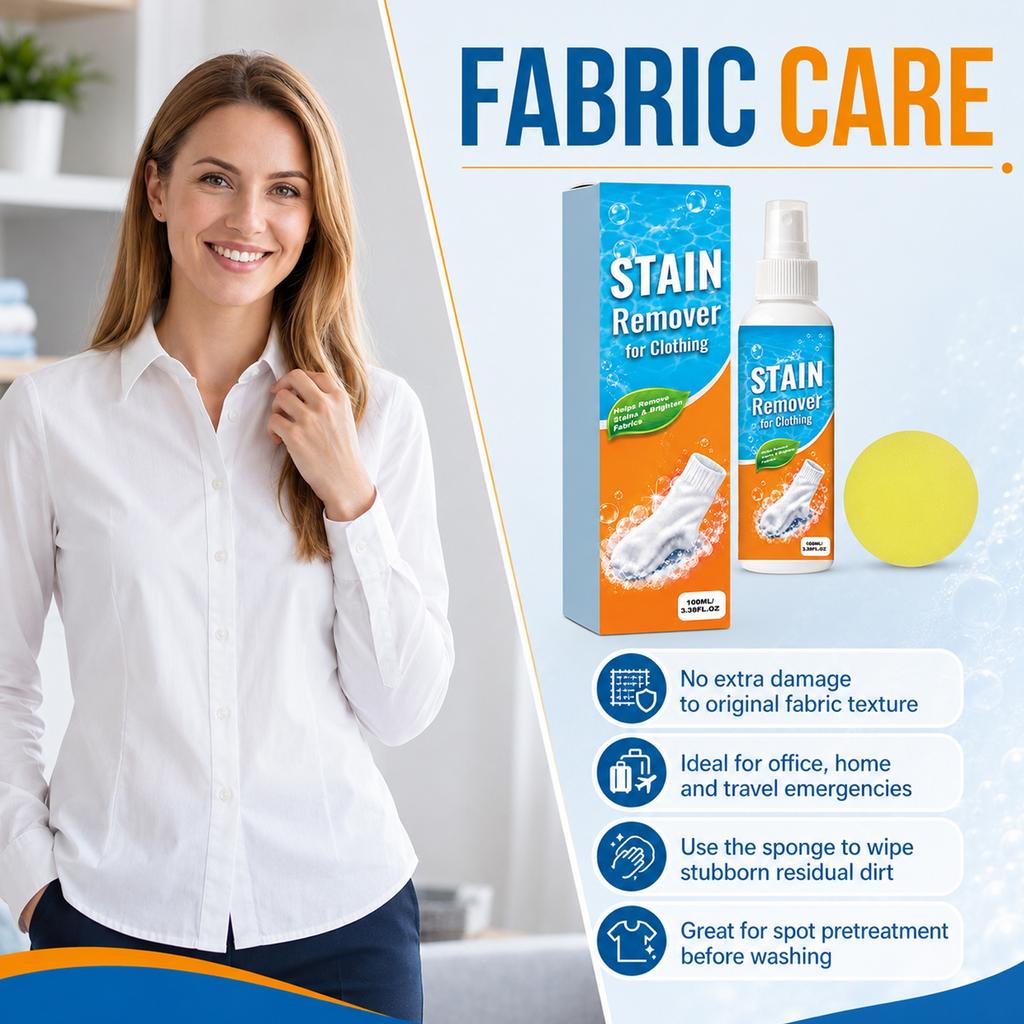 Stain Remover for Clothing Spray 100ml Effective On Oil Stains Coffee Stains Food Stains Fabric Cleaner Spray with Sponge Applicator