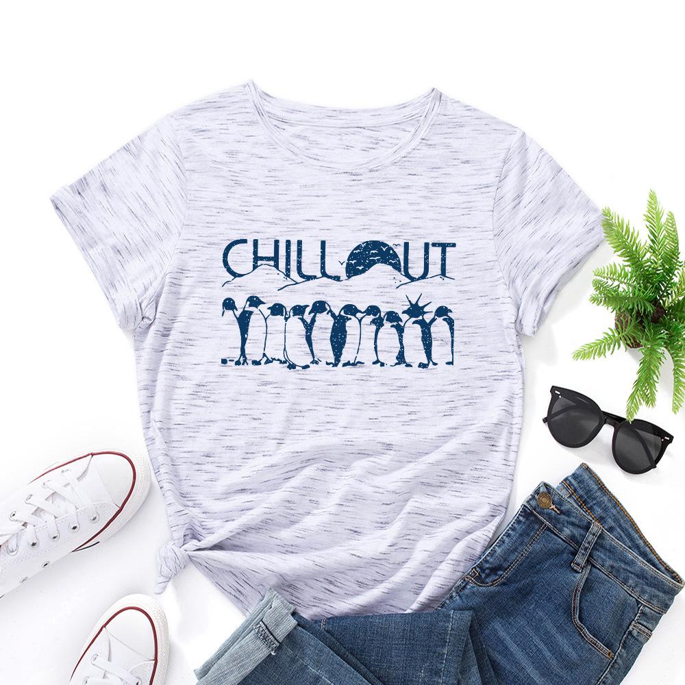 Penguin Cotton T-Shirt Short Sleeve Round Neck Women 2d Print Tops