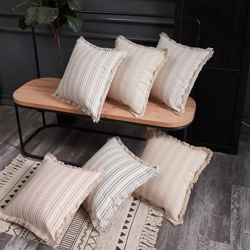 New Style Polyester-cotton Striped Yarn-dyed Jacquard Whiskered Edge Pillow Cushion Cushion Cover