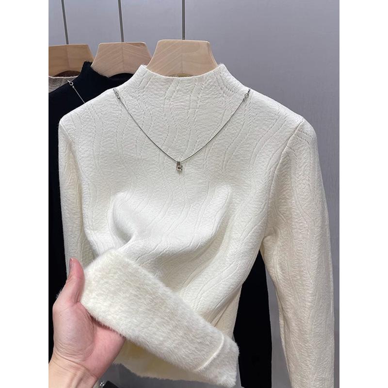 Autumn and winter fleece thickened sweater schoolgirl integrated fleece with semi-turtleneck knitted wool cashmere bottoming shirt top