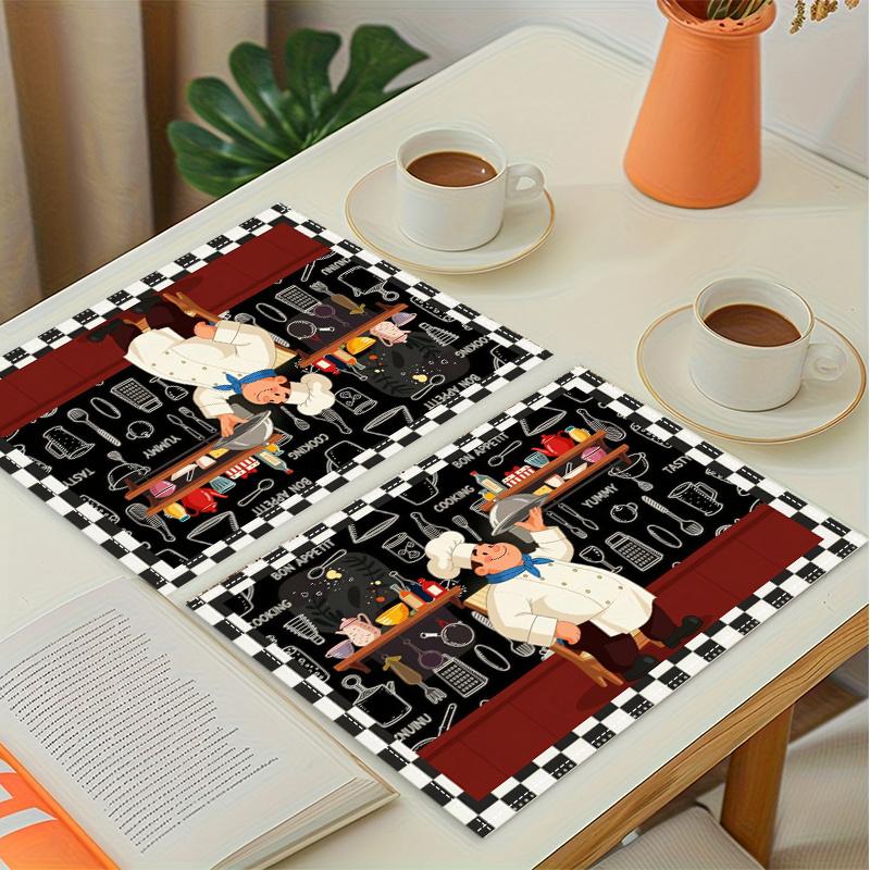 Cartoon Chef Placemat With Black And White Checkered Anti Oil Dining Table Mat Fun Kitchen Insulation Placemat 2PCS