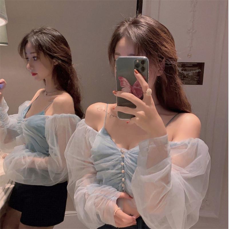 Nový sexy temperamentní dvoudílný oblek Dámská jarní a letní móda Síťovaná perspektiva Košile na opalování s výstřihem do V Modrá smyčka