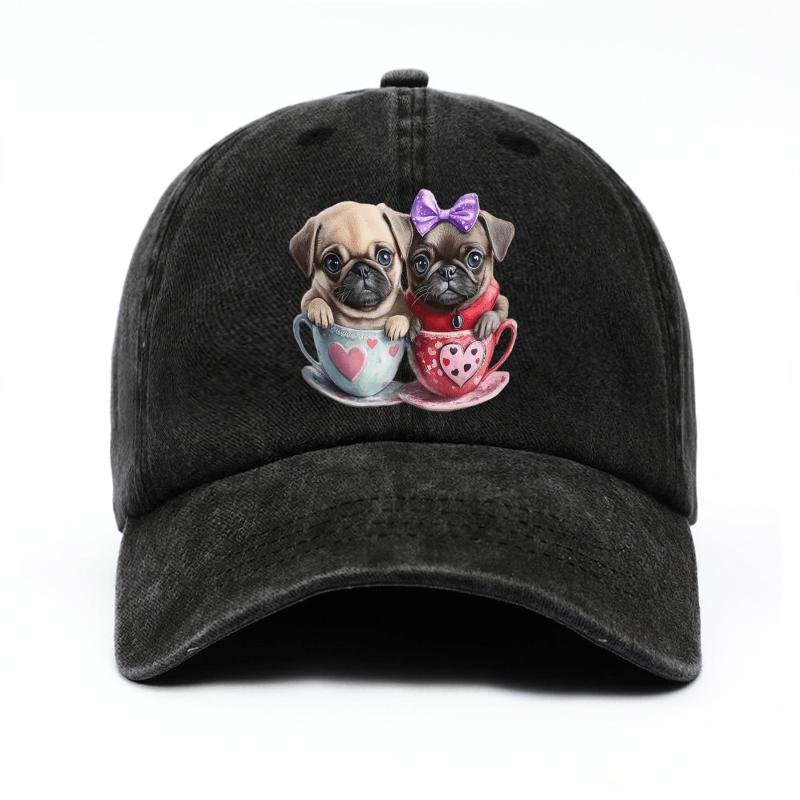 Cute Pug Puppies in Teacups Print Adjustable Baseball Cap Denim Casual Hat for Unisex