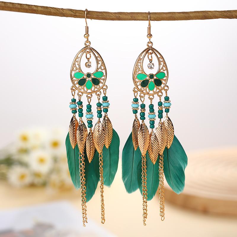 Fashion Vacation Style Bohemian Feather Earrings for Women Ethnic Long Chain Bead Leaf Dangle Earrings Party Daily Jewelry