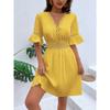 Women's New Summer Splicing Lace Fashion V-neck Waist Solid Color Dresses