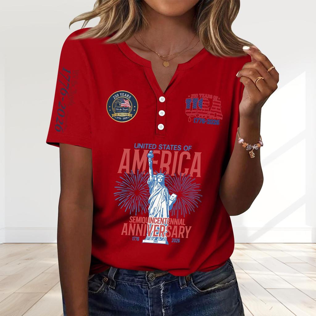 Women's Fashion Casual 250th Anniversary Independence Day Print V-Neck Short Sleeve Decorated Button-Up T-Shirt