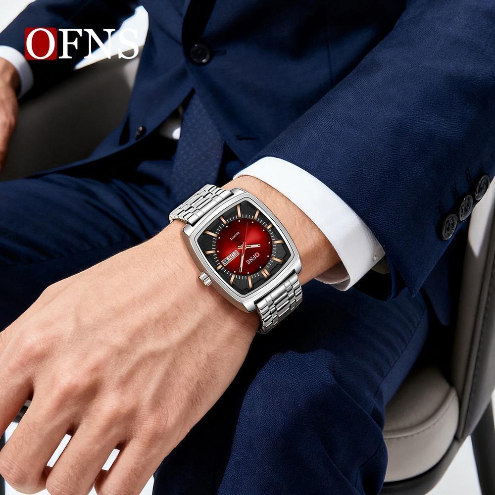 OFNS Square Movement Waterproof Mens Wristwatches Date Week Display Male Clock Luxury Quartz Mens Watch