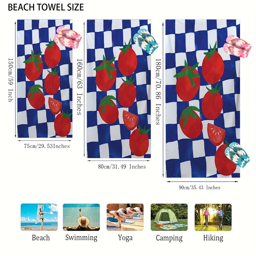 1pc Microfiber Beach Towel, Contemporary Style, Red Tomatoes on Blue & White Checkered Tablecloth Print, Super Soft, Windproof