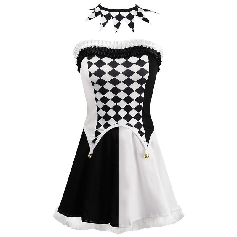 Cross-Dressing Queen Vampire Clown Cosplay Costume Halloween Demon Outfit Black and White Plaid Clown Cosplay Costume