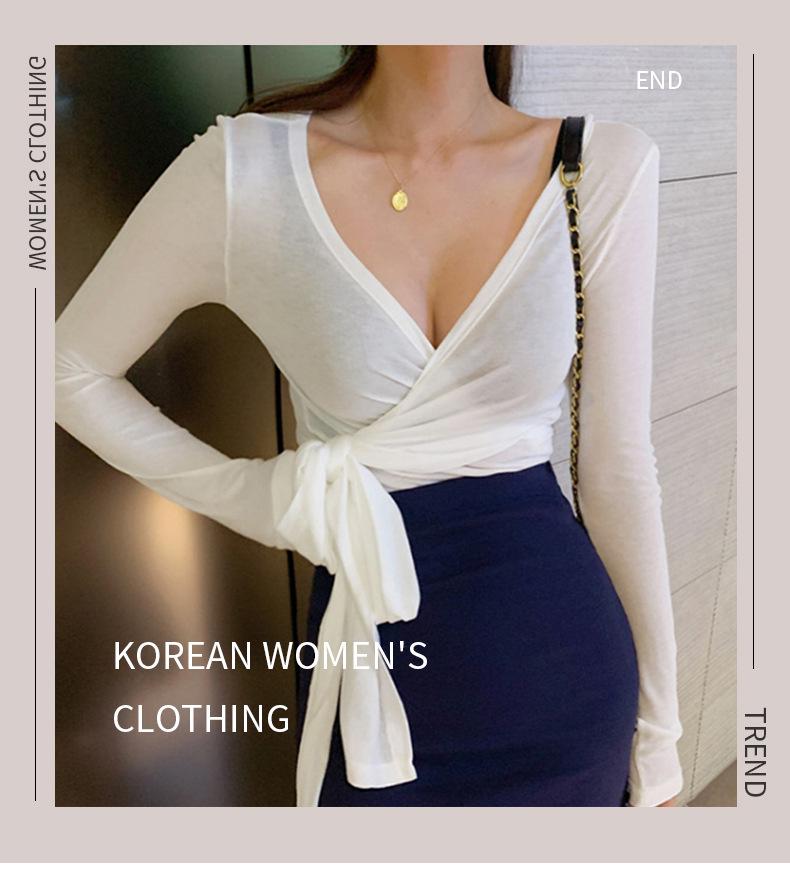 In Stock: Women's Sexy Low-Cut Lace-Up Waist-Cinching Long-Sleeve T-Shirt for Summer - Korean Dongdaemun Style