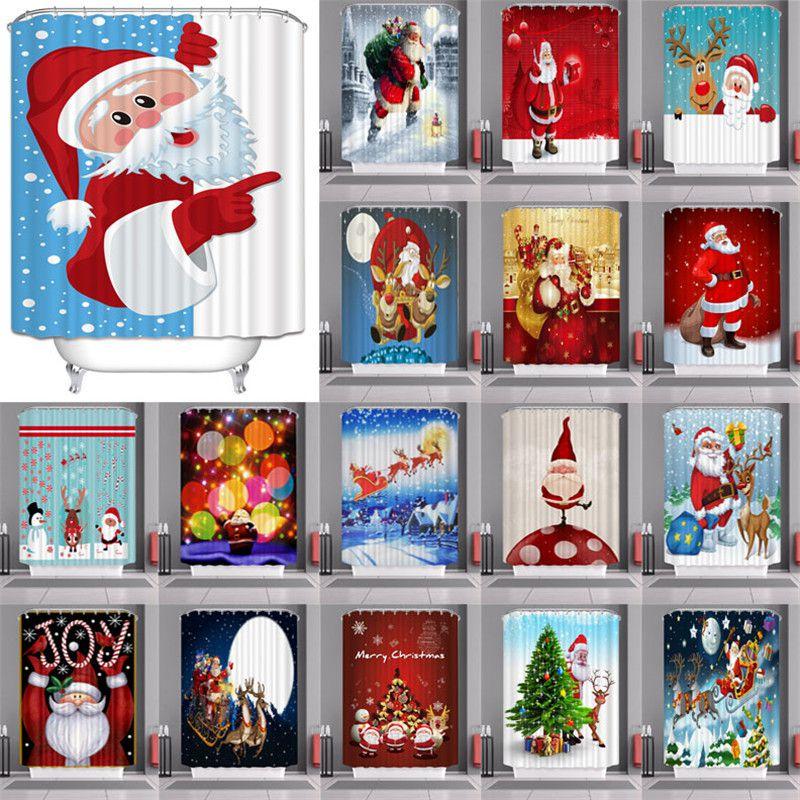 Curtain Shower Christmas With Hook Waterproof Fabric Bathroom Santa Xmas Claus