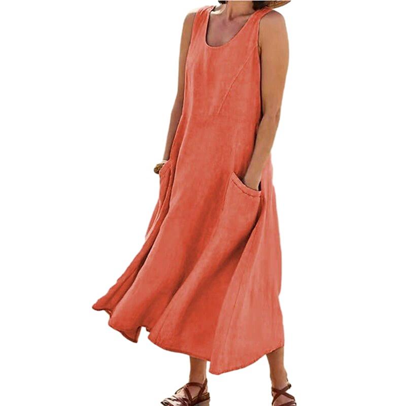 

Women Summer Solid Color Crew Neck Sleeveless Cotton Linen Dress Loose Casual Long Dress XL
