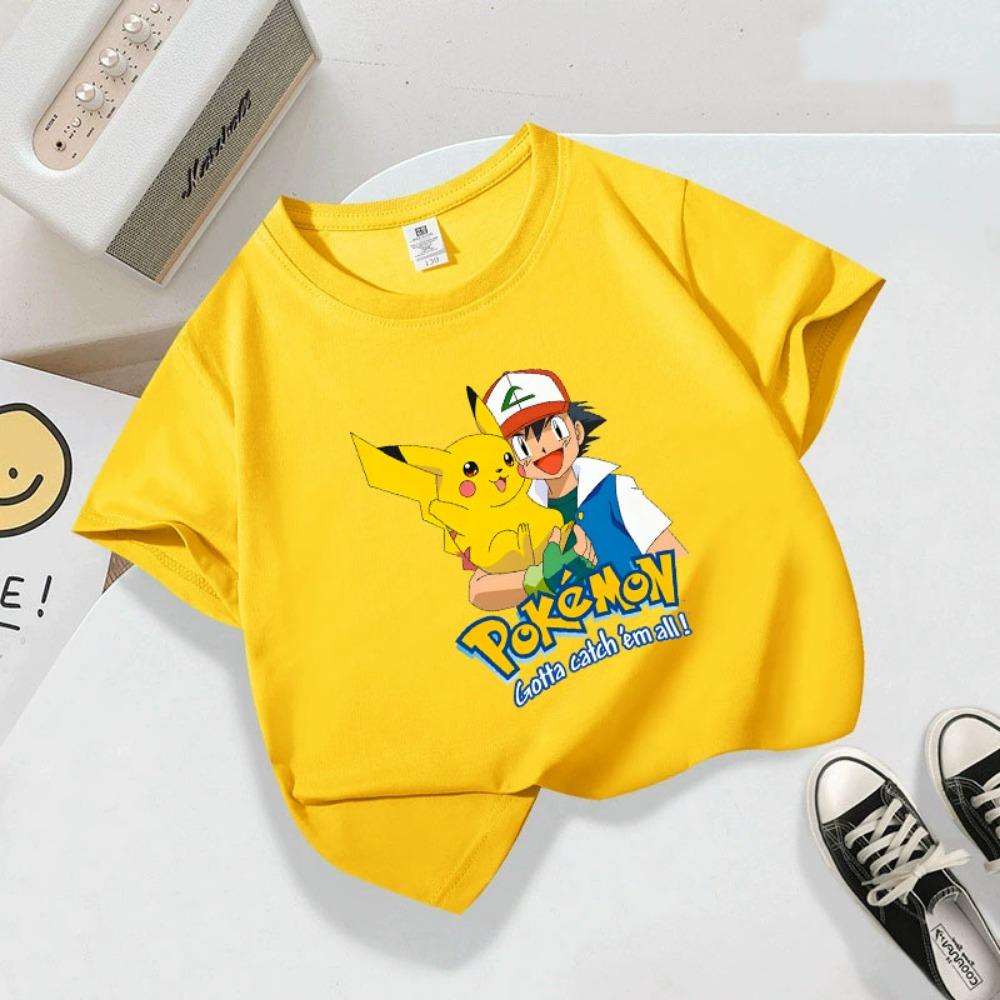 Summer children's playful Pikachu print  short-sleeved casual T-shirt for boys and girls, comfortable and soft.