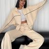 Women Winter 2 Piece Suit Half High Collar Zip Up Long Sleeve Top Elastic Waist Wide Leg Pocket Trousers