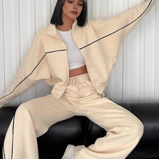 Women Winter 2 Piece Suit Half High Collar Zip Up Long Sleeve Top Elastic Waist Wide Leg Pocket Trousers
