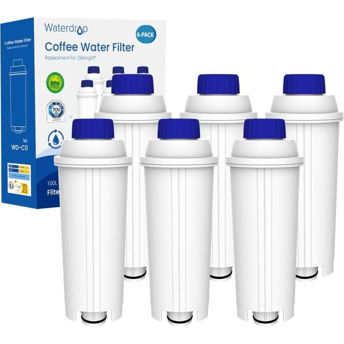 Filtre à Eau - WATERDROP - WD-11-6 - Compatible De'Longhi DLSC002 - Certifié TÜV SÜD - Réduction du chlore