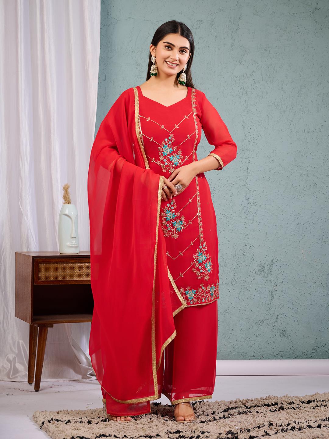 Women Red Embroidered Kurta Palazzo Set with Dupatta Ethnic Party Wear Indian Suit S красный