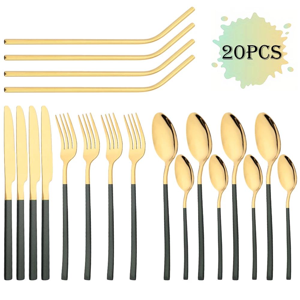 20Pcs/Set Rose Gold Cutlery Set Stainless Steel Tableware Knife Fork Spoon Straw Dinnerware Set Kitchen Flatware Silverware