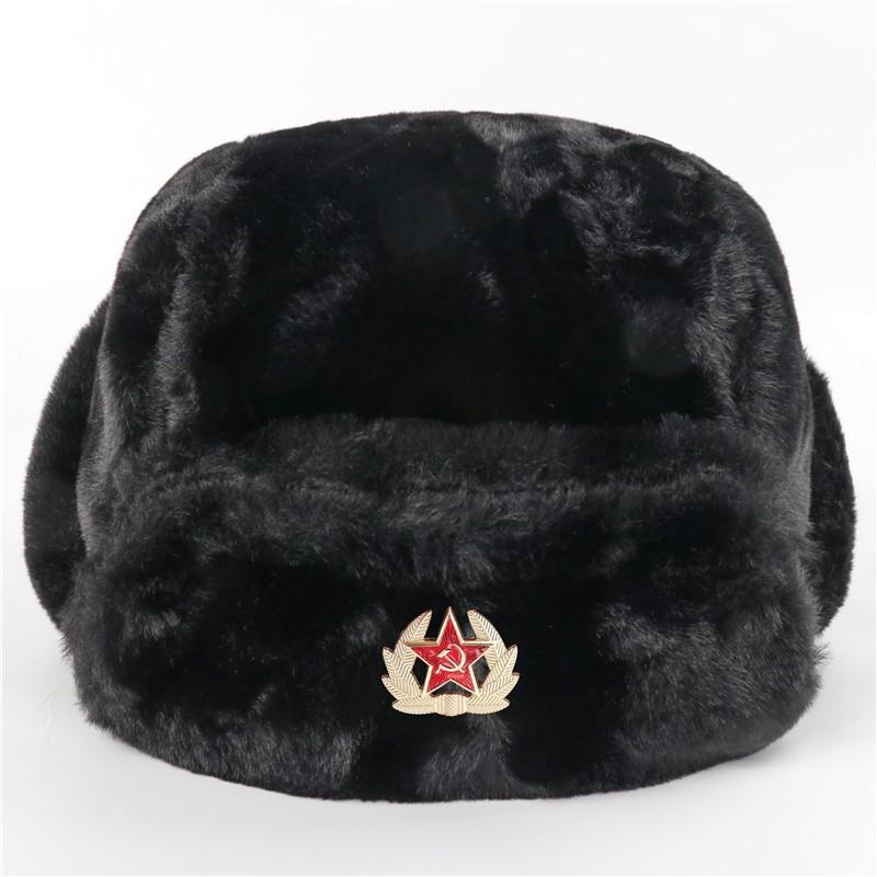 Warm Winter Military Style Earflap Hat Men Women With Embroidered Soviet Emblem Faux Fur Lined Outdoor Cap