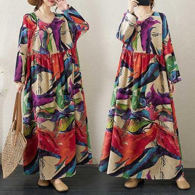 Round Neck Loose Plus Size Literary Plus Long Sleeve Dress