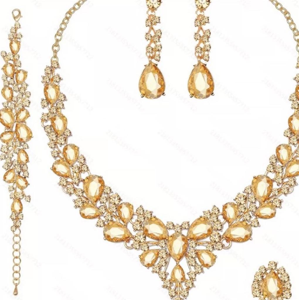 Set Colier Cercei Strass Cristal Mireasă Set Rochie Bal Banchet Doamne Set de Lux Patru Piese