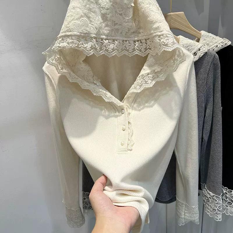 Women's Autumn Lace Patchwork Hoodie - Age-Reducing Long Sleeve Top