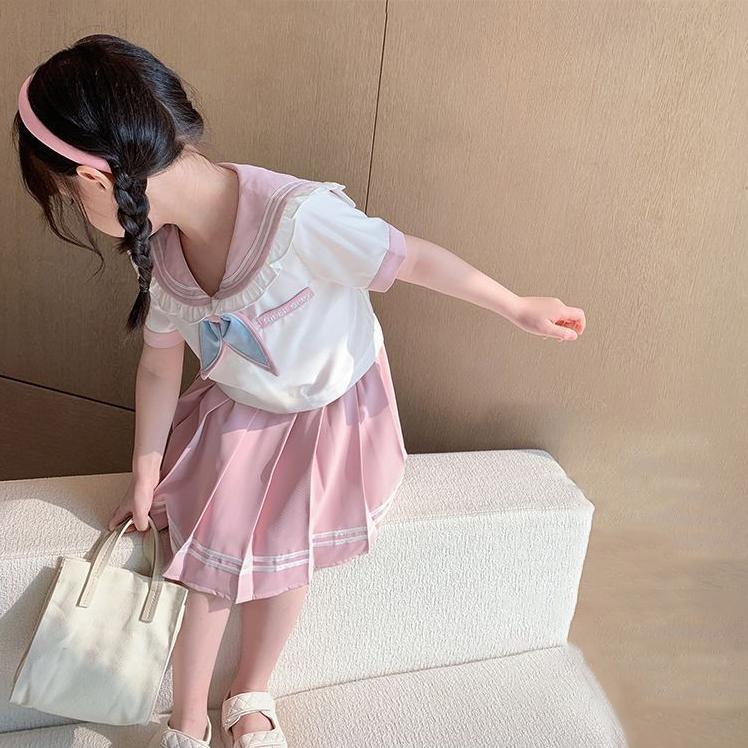 Summer Children Girls Student Set JK Mandarin Collar Tshirts and Pleated Skirts Kid Bottom