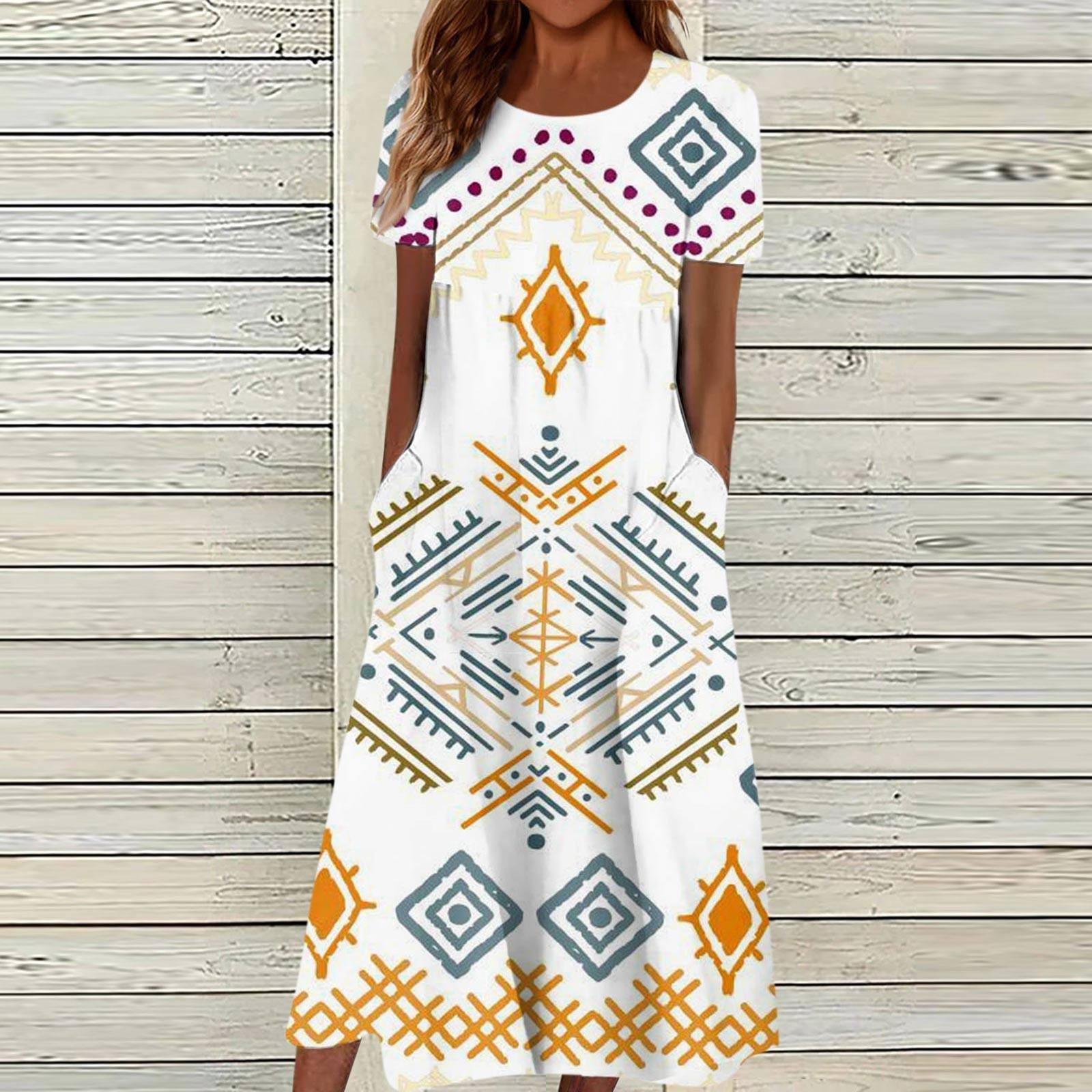 

Летнее платье для женщин, повседневное пляжное свободное платье с v-образным вырезом и короткими рукавами с принтом XL жёлтый