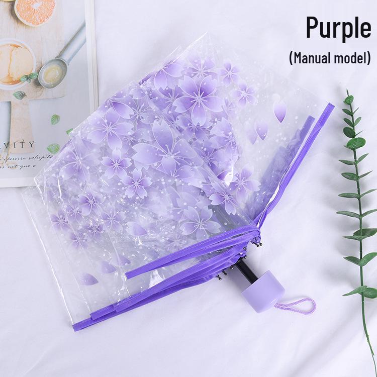 Cherry Blossom Transparent Automatic Umbrella - Soft Girl Three-Fold Design
