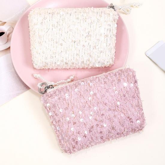 Sequined Cosmetic Bag Girls Stylish Glittery Clutch Makeup Bag with Faux Pearl Bow Zipper Puller Portable Travel Toiletry Organizer for