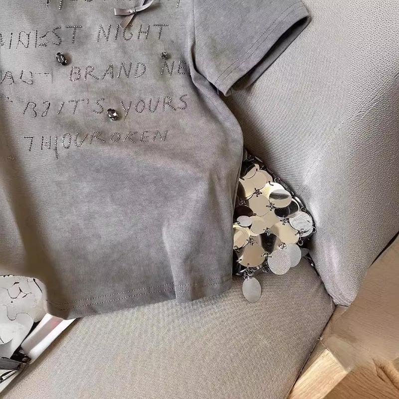 Chic Short-sleeved T-shirt for Women Summer New Style Right-shoulder Slim-fitting High-end Round Neck Right-shoulder Top
