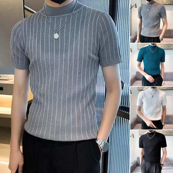 

Мужская летняя футболка с высоким воротником и коротким рукавом, однотонная, эластичная, из тонкого ледяного шелка, вязаная, в деловом стиле, пуловер, мужской повседневный топ 3XL серый