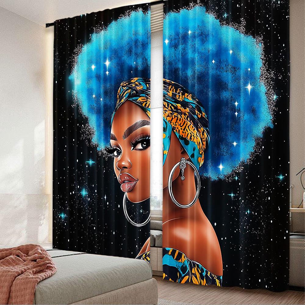 2Pcs Black Curtain African American Woman Afro Lady With Blue Hair Suitable For Bedroom Living Room Dining Room And Bathroom A