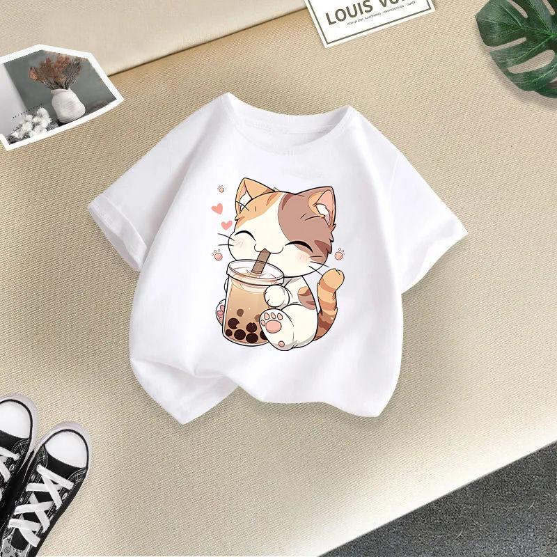 

Детская футболка с милым принтом кота Детская футболка Детская 100% футболка Топы Футболка для мальчиков и девочек Детская футболка 2-13 лет 5T(120cm)