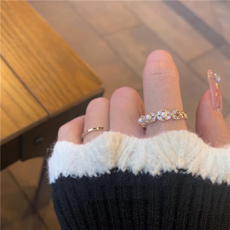 Double Row Pave Diamond Adjustable Open Ring - Women's Trendy Cold Style Niche Design