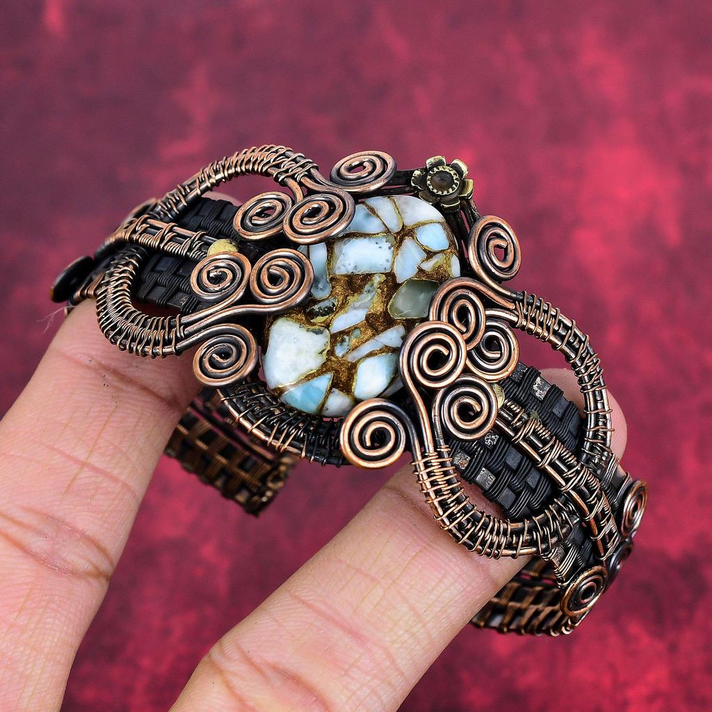 Copper Larimar Bangle Copper Wire Wrapped Cuff Bracelet Adjustable Bangle Gemstone Cuff Gifts for Him Handmade Copper Jewelry Antique Bangle