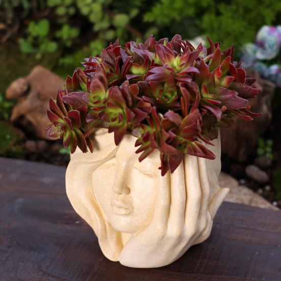 Artistic Women Head Planter Imitation Stone Texture Resin Plant Pot Elegant Female Face Planter for Succulents Indoor Balcony Bedroom Decor