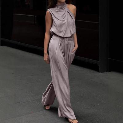 Frauen Hosen Anzug Einfarbig Halb Kragen Eine Schulter Ärmellose Shirts Spitze Up Breite Bein Hose Weibliche 2025 Sommer Neue Dame streetwears