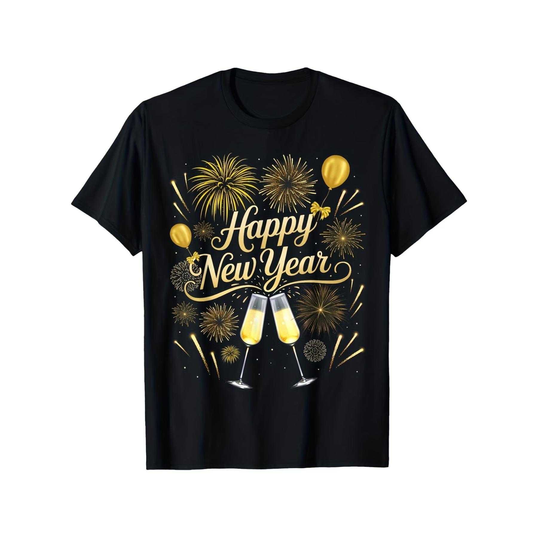 

Men S & Women S NYE Matching Family T-Shirt -2026 Fireworks & Champagne Graphic, Black with Golden Print, Casual Crew Neck Short Sleeve Tee XXL