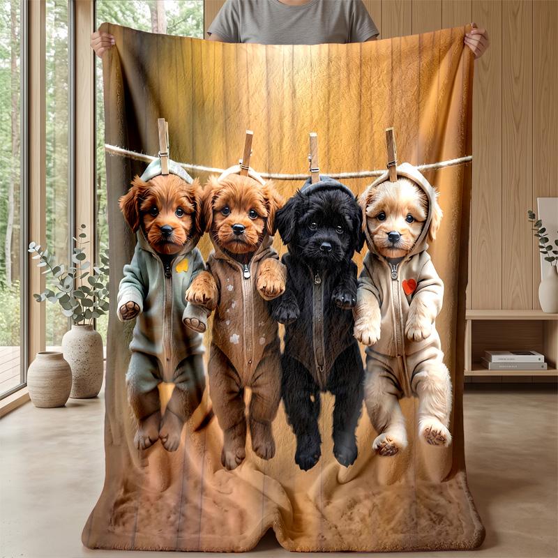 Group of Cartoon Dogs Theme Blanket Lightweight Warm Flannel Blanket Decorative Throw Blanket for Home Decoration