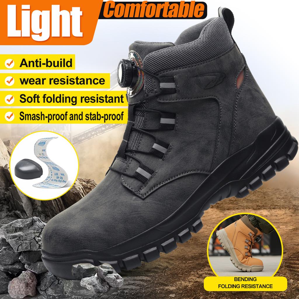Leather Non Slip Work Boots for Men Rotating Button Safety Shoes Steel Toe Sneaker Male Puncture Proof Protective Boots